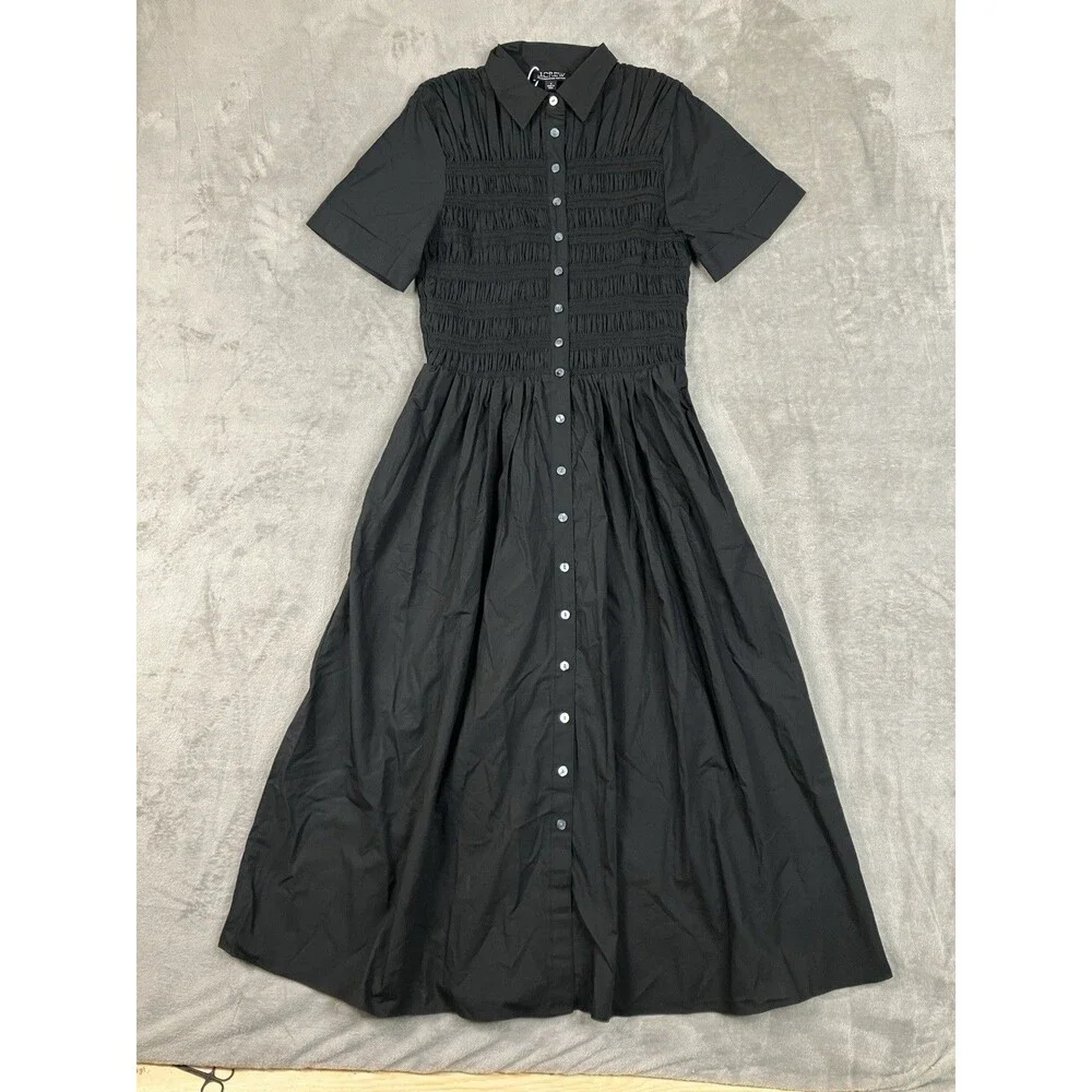 J Crew Elsie Shirt Dress Womens S Black Cotton Poplin Smocked Button Up Preppy